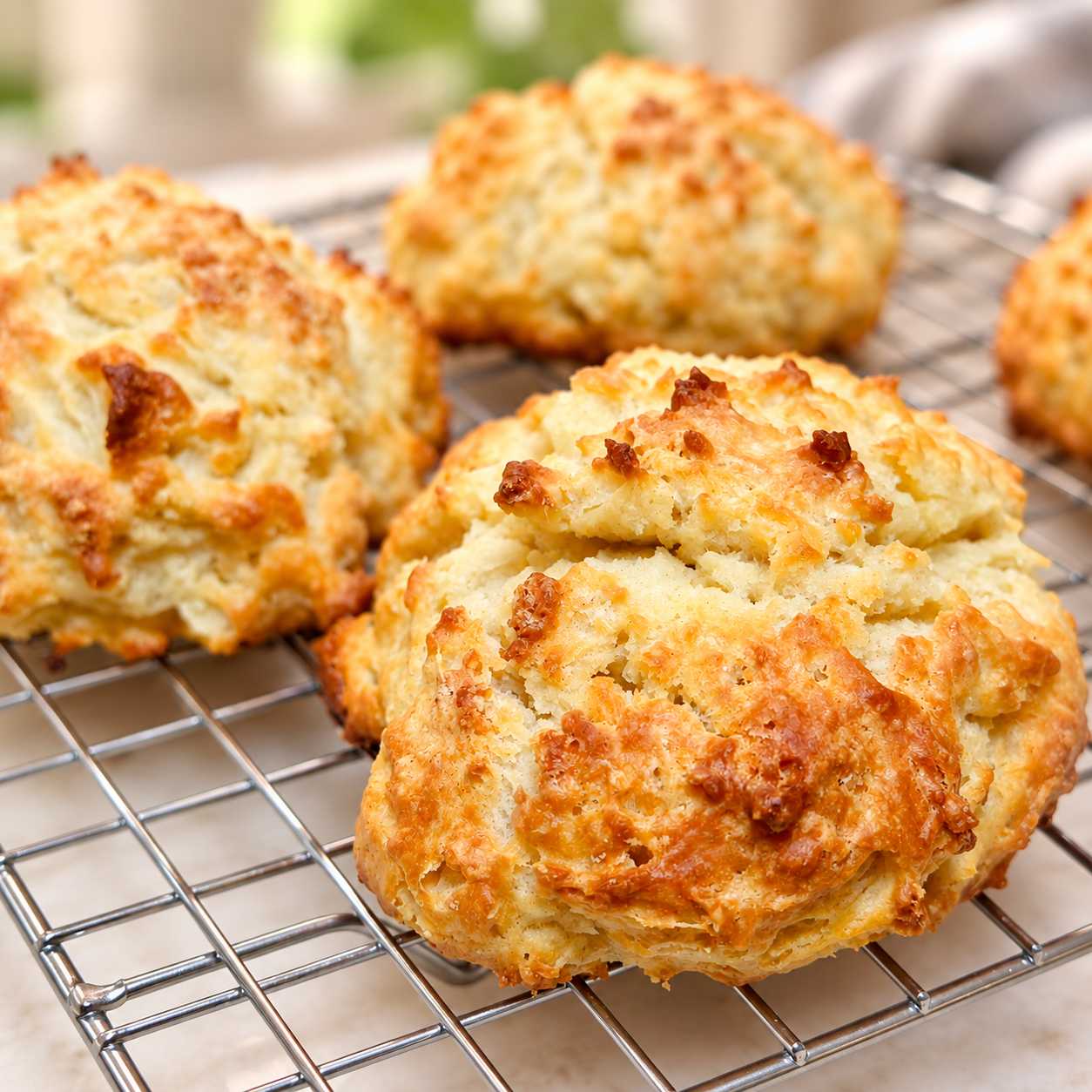 Freshly baked golden drop biscuits on a cooling rack